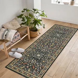 Floral Area Rugs Washable Non Slip Ultra Thin Boho Flower Indoor Carpet for Girls Room Nursery Playroom Black 2x6Ft