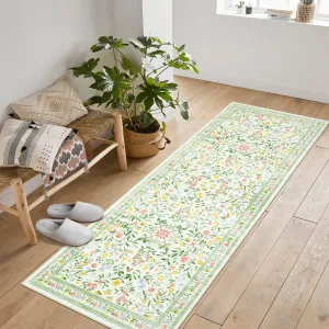 Floral Area Rugs Washable Non Slip Ultra Thin Boho Flower Indoor Floor Carpet Beige 2x6Ft for Living Room Girls Room Nursery Playroom