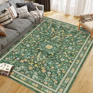 Floral Area Rugs Washable Non Slip Ultra Thin Boho Flower Indoor Floor Carpet for Girls Room Nursery Playroom Green 5x7Ft