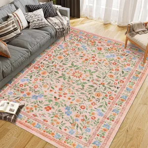 Floral Area Rugs Washable Non Slip Ultra Thin Boho Flower Indoor Floor Carpet Pink 9x12Ft for Living Room Girls Room Nursery Playroom
