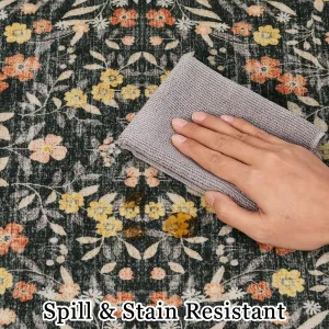 Floral Area Rugs Washable Non Slip Ultra Thin Boho Flower Indoor Floor Carpet for Girls Room Nursery Playroom Black 5x7Ft
