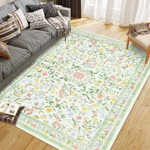 Floral Area Rugs Washable Non Slip Ultra Thin Boho Flower Indoor Floor Carpet for Girls Room Nursery Playroom Beige 10x13Ft