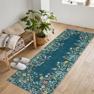 2x6 Runner Rug for Hallways, Blue Floral Bathroom Rugs Non Slip Washable Kitchen Runner, Low Pile Soft Botanical Runner for Girls Bedroom Laundry Room Bedside