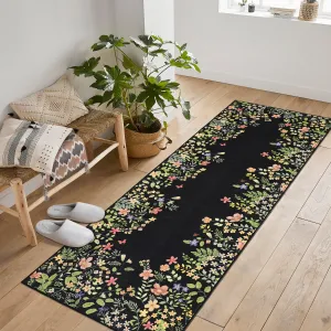 2x6 Runner Rug for Hallways, Black Floral Bathroom Rugs Non Slip Washable Kitchen Runner, Low Pile Soft Botanical Runner for Girls Bedroom Laundry Room Bedside