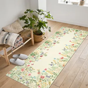 2x6 Runner Rug for Hallways, Beige Floral Bathroom Rugs Non Slip Washable Kitchen Runner, Low Pile Soft Botanical Runner for Girls Bedroom Laundry Room Bedside