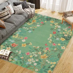 Washable Green Floral 9x12 Rugs for Bedroom, Non-Slip Living Room Area Rug, Cute Nursery Large Botanical Area Rug, Soft Floor Carpet for Playroom Closet