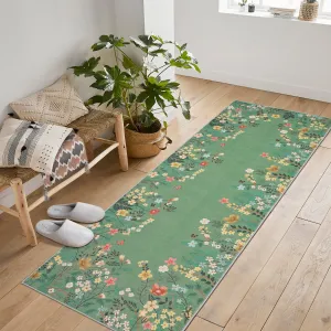 2x6 Runner Rug for Hallways, Green Floral Bathroom Rugs Non Slip Washable Kitchen Runner, Low Pile Soft Botanical Runner for Girls Bedroom Laundry Room Bedside