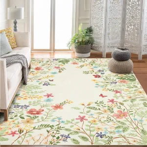 Washable 5x7 Rug for Living Room, Beige Floral Print Large Bedroom Area Rug, Non-Slip Dining Table Throw Mat, Botanical Area Rug Carpet for Entry Basement Dorm