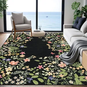 Washable 10x13 Rug, Non-Slip Soft Black Botanical Area Rugs for Living Room, Non-Shedding Large Bedroom Rug, Ultra-Thin Stain Resistant Floor Carpet for Dining Table