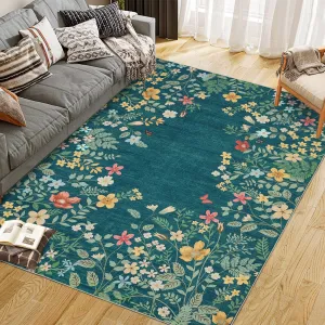 Washable 5x7 Rug, Blue Botanical Area Rugs for Living Room, Non-Slip Soft Rug for Bedroom, Vintage Low Pile Dining Room Floral Rug Carpet for Bedside Mud Room