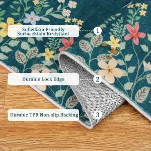 Washable Blue Floral 9x12 Rugs for Bedroom, Non-Slip Living Room Area Rug, Cute Nursery Large Botanical Area Rug, Soft Floor Carpet for Playroom Closet
