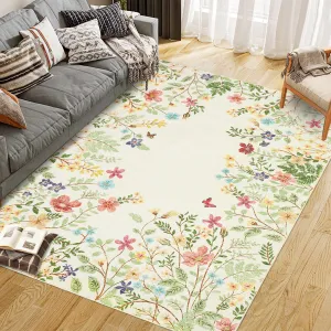 Washable 10x13 Rug, Non-Slip Soft Beige Floral Rugs for Living Room, Ultra-Thin Large Bedroom Rug, Botanical Area Rug Floor Carpet for Dining Table