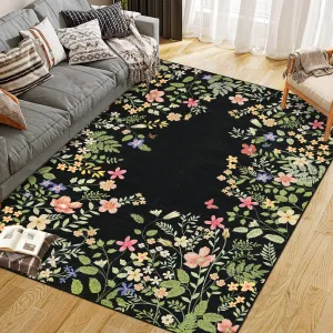 Washable Black Floral 9x12 Rugs for Bedroom, Non-Slip Living Room Area Rug, Cute Nursery Large Botanical Area Rug, Soft Floor Carpet for Playroom Closet