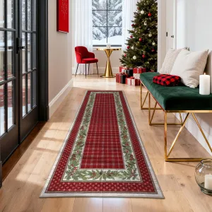Christmas Runner Rug 2x8 ft - Soft Low Pile, Machine Washable, Non-Slip Backing, Festive Red, Hallway Kitchen Bathroom Mat