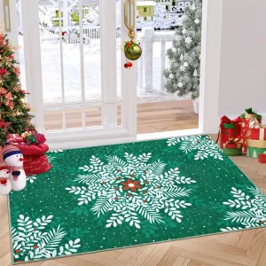 Christmas Snowflake Area Rug Washable Non Slip for Entryway 2x3 Green