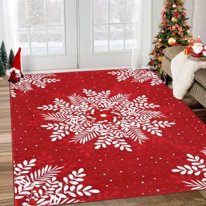 Christmas Snowflake Area Rug 9x12 Red Washable Non-Slip Low Pile Rug for Living Room Bedroom Kitchen