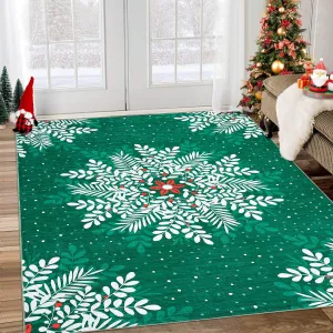 Christmas Snowflake Area Rug 9x12 Washable Non-Slip Soft Low Pile Green for Living Room Bedroom Kitchen Dining Office