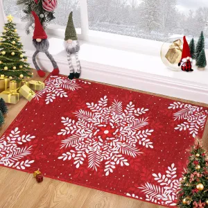 Christmas Snowflake Area Rug 2x3 Washable Non Slip Red Low Pile Indoor Door Mat for Entryway Bedroom Living Room
