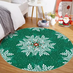 Christmas Snowflake Round Rug 4Ft Washable Non-Slip Soft Nursery Rug Green