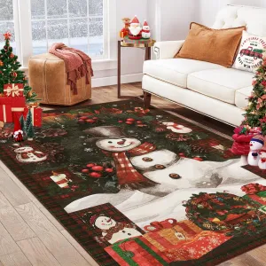 Christmas Snowman Area Rug Non-Slip Washable Low Pile Faux Wool Durable Foldable 5x7ft Living Room Decor
