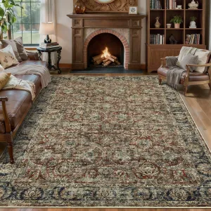 Large Living Room Area Rug 8x10 - Machine Washable Vintage Boho Distressed Rug Non-Shedding Low Pile Oriental Stain Resistant Carpet Red