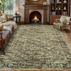 Washable Area Rugs 8x10 Vintage Distressed Non Slip Soft Low Pile Stain Resistant Carpet for Living Room Bedroom Dining Room Amber