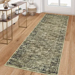 Washable Runner Rug 2x6 Green Vintage Distressed Non Slip Kitchen Hallway Bathroom Carpet