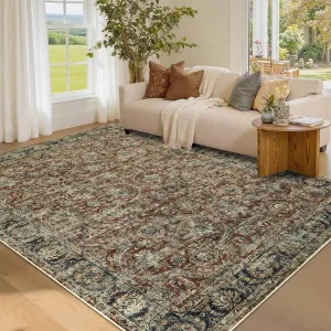 Washable Area Rugs 5x7 Rug Vintage Non Slip Large Area Rug for Living Room Bedroom Dining Room 5'x7' Red