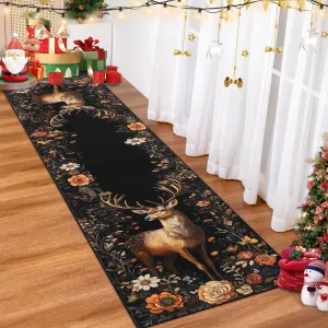 Christmas Black 2x10 Runner Rugs, Non-Slip Washable Kitchen Rug with Elk Statue, Ultra-Thin for Bedroom Hallway