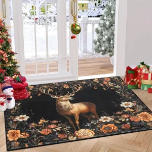 Christmas Black 2x3 Rugs, Non-Slip Door Rugs for Entryway Indoor, Soft Washable Kitchen Rug, Ultra-Thin Bathroom Carpet with Elk Statue Holiday Decor