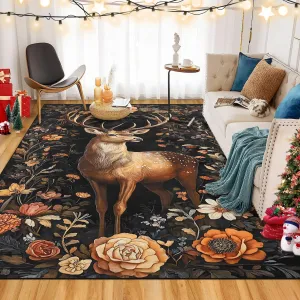 Christmas Black 5x7 Rugs, Washable Area Rug with Christmas Elk Statue for Bedroom, Living Room, Office, Red Ultra-Thin Non-Slip Carpet