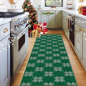 Christmas Runner Rug 2x8 Green Snowflake Low Pile Non-Slip Faux Wool Washable Hallway Kitchen Bedroom Entryway