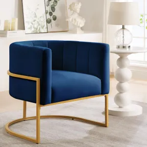 Velvet Accent Chair With Cushion Golden Metal Stand Curve Backrest Upholstered Vanity Chair Home Bedroom Living Room Office Navy 28.25W x 25.75D x 30H