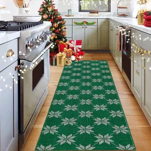 Christmas 2x6 Runner Rugs Washable Hallway Rug Low Pile Green Non-Slip Indoor Door Mat Snowflake Rug for Bedroom Kitchen Entryway Bathroom