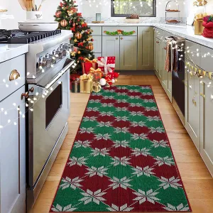 Christmas 2x8 Runner Rugs Washable Hallway Rugs Low Pile Carpet Red/Green Non-Slip Indoor Door Mat Snowflake Rug for Bedroom Kitchen Entryway