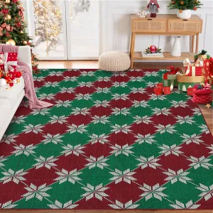 Christmas Large Area Rug 6x9 Machine Washable Rugs Low Pile Carpet Indoor Door Mat Red/Green Non-Slip Snowflake Rug for Bedroom Living Room