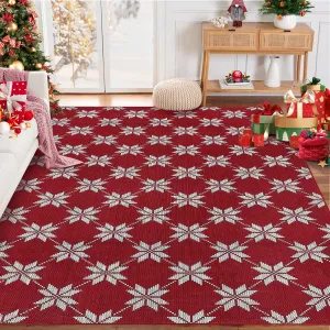 Christmas Area Rug 9x12 Vintage Flowers Living Room Rugs Large Machine Washable Low Pile Carpet Red Xmas Non-Slip Rug for Bedroom Dining