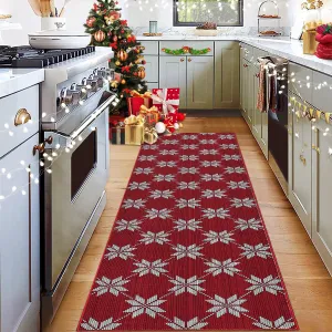Christmas 2x8 Runner Rugs Washable Hallway Rugs Low Pile Carpet Red Non-Slip Indoor Door Mat Snowflake Rug for Bedroom Kitchen Entryway