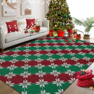 Christmas Area Rug 5x7 Non-Slip Machine Washable Low Pile Rubber Backing Red Green Plaid Holiday Decor Living Room Bedroom Dining