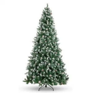9ft Artificial Christmas Tree with 2136 PVC Branch Tips, Snow-Frosted Pinecones, Metal Hinged Base, Sturdy & Realistic, Ideal for Home & Office Decor