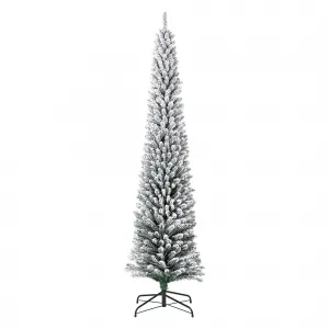 6ft Flocked Pencil Christmas Tree, Slim Pencil Xmas Tree with LED Light, Hinged Branches and Metal Stand, for Home Office Indoor Outdoor Holiday Decorations