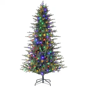Artificial Christmas Tree 7ft, Hinged Design with Warm White & Colorful Lights, 8 Modes, Fire Retardant PVC, Metal Base, Easy Assembly, Holiday Decor