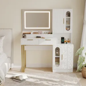Modern White Fluted Vanity Desk with LED Mirror, Charging Station, 2 Drawers & 2 Cabinets, Large Wooden Makeup Table for Bedroom or Dorm, White