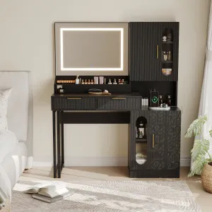 Modern Fluted Vanity Desk with LED Mirror, Charging Station, 2 Drawers & 2 Cabinets, Large Wooden Makeup Table for Bedroom or Dorm, Black