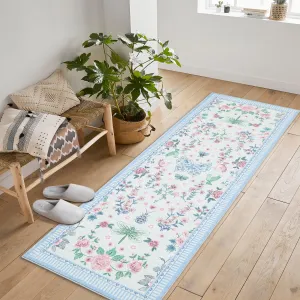 2x6 Modern Floral Runner Non-Slip Machine Washable Indoor Waterproof Rug Blue for Kitchen Entryway Bathroom