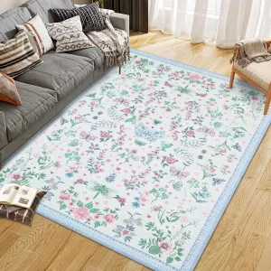 10x13 Area Rugs Floral Low Pile Machine Washable for Living Room Bedroom Blue
