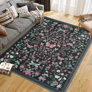 10x13 Area Rugs Floral Modern Low Pile Machine Washable Black for Living Room Bedroom Dining Room Office