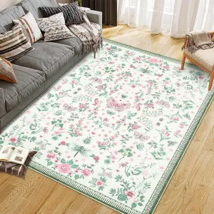 9x12 Modern Floral Machine Washable Area Rugs Pink, Large Carpet for Bedroom Living Room, Non-Slip Low Pile Contemporary Rug