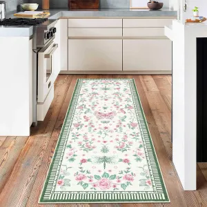 2x6 Floral Runner Non-Slip Indoor Table Runner Pink Waterproof Low Pile Rug for Kitchen Entryway Bathroom