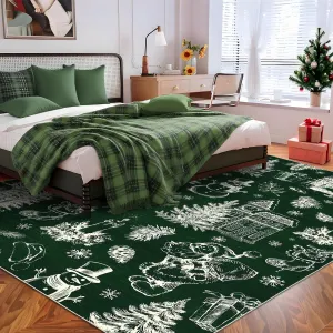 Christmas Rug Thin Washable Rug with Non Slip Rubber Backing, Low Pile Soft Indoor Carpet, Non Shedding Foldable Printed Floor Mats for Living Room Nursery Bedroom